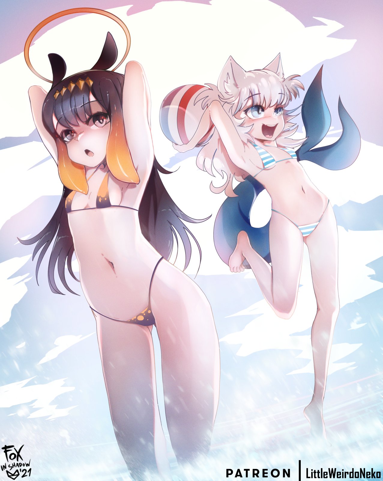 2girls ball beach beachball bikini blue_eyes breasts brown_hair cloud day foxinshadow gawr_gura hair_ornament highres hololive hololive_english long_hair looking_to_the_side multicolored_hair multiple_girls ninomae_ina'nis outdoors sky small_breasts streaked_hair striped striped_bikini summer sunlight swimsuit tail virtual_youtuber water white_hair