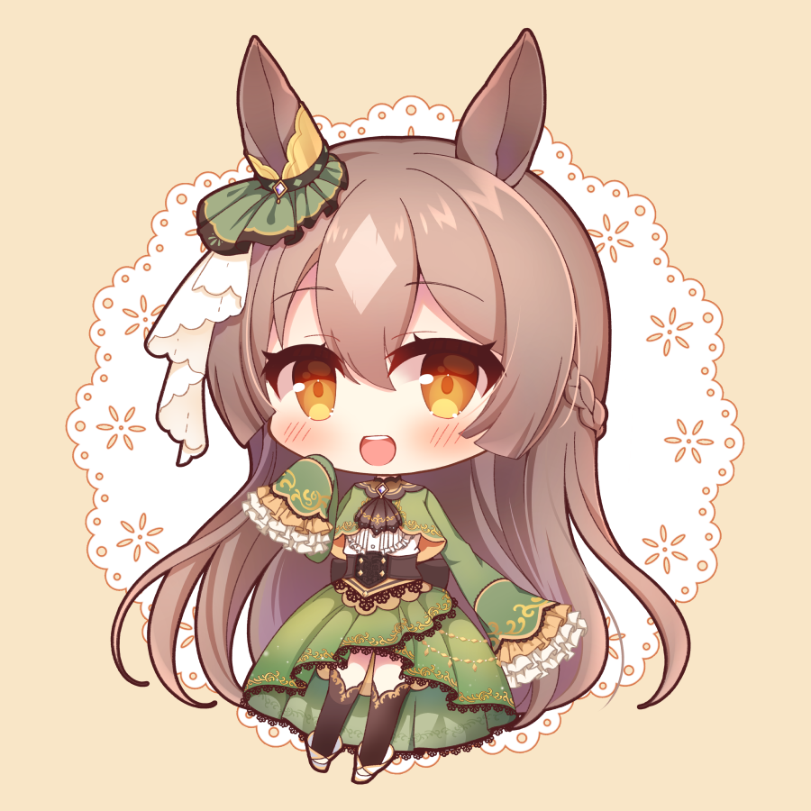 1girl :d animal_ears bangs black_legwear blush boots braid brown_background brown_eyes brown_hair center_frills chibi commentary_request doily eyebrows_visible_through_hair frilled_sleeves frills full_body green_jacket green_skirt hair_between_eyes horse_ears jacket long_hair long_sleeves looking_at_viewer multicolored_hair pleated_skirt satono_diamond_(umamusume) shirt skirt sleeves_past_fingers sleeves_past_wrists smile solo teeth thighhighs thighhighs_under_boots two-tone_hair umamusume upper_teeth very_long_hair white_footwear white_shirt yukiyuki_441