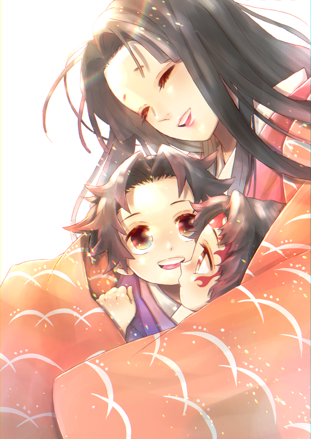 1girl :d ^_^ black_hair brothers child closed_eyes eyelashes facial_mark haori happy highres hug japanese_clothes kimetsu_no_yaiba mintiaorion mother_and_son profile shared_coat siblings simple_background sleeves_past_fingers sleeves_past_wrists smile sunlight tsugikuni_akeno tsugikuni_michikatsu tsugikuni_yoriichi twins white_background younger