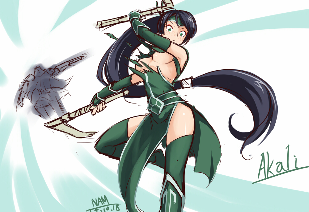 1boy 1girl akali akali_(legacy) assisted_exposure black_hair breasts commentary_request green_eyes headband kama_(weapon) league_of_legends leg_lift long_hair makeup mascara medium_breasts nam_(valckiry) sickle standing standing_on_one_leg tearing_clothes torn_clothes very_long_hair zed_(league_of_legends)