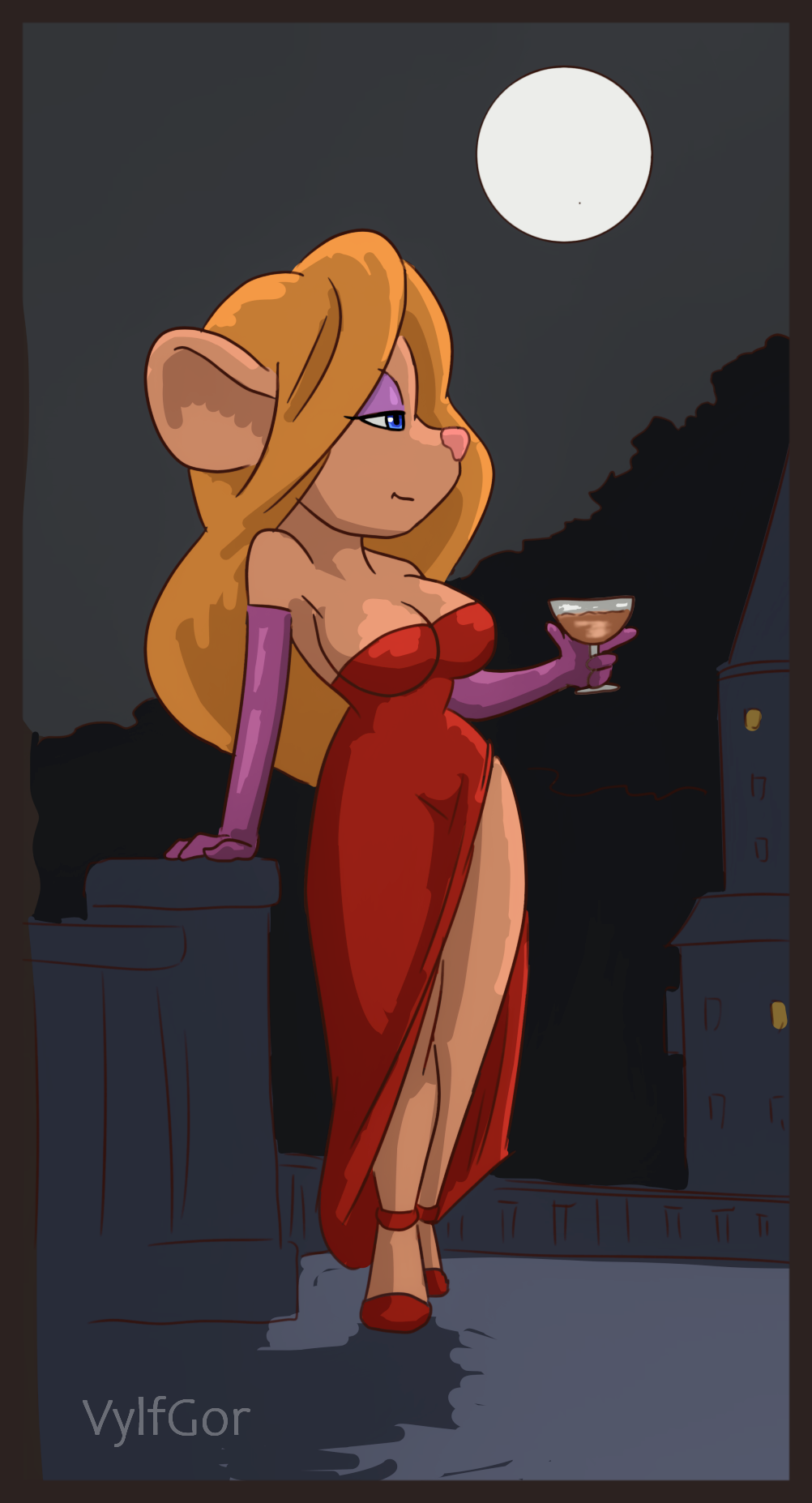 2022 anthro blonde_hair blue_eyes chip_'n_dale_rescue_rangers clothed clothing crossover digital_media_(artwork) disney dress female fur gadget_hackwrench hair hi_res jessica_rabbit mammal moon murid murine night red_clothing rodent solo vylfgor who_framed_roger_rabbit