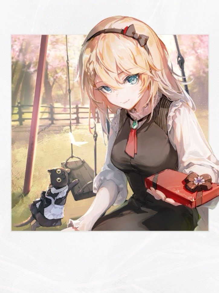 1girl 1other black_cat blonde_hair blue_eyes candy cat chocolate chocolate_bar commentary_request cosplay food g36_(girls'_frontline) girls'_frontline girls'_frontline_neural_cloud hairband looking_at_viewer maid official_art shuzi swing_set third-party_source