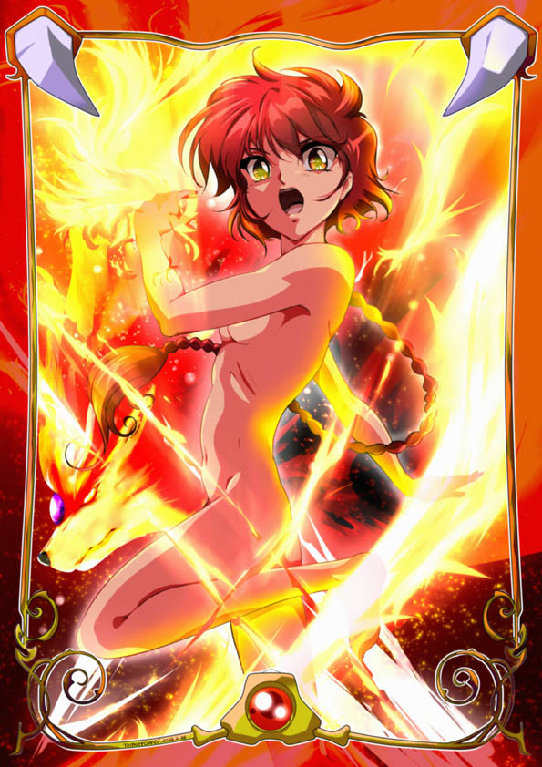 1girl bangs braid braided_ponytail breasts completely_nude convenient_arm eyebrows_visible_through_hair framed hair_between_eyes looking_at_viewer magic_knight_rayearth navel nude open_mouth ponytail red_hair shidou_hikaru shiny shiny_hair sideboob small_breasts solo tomo5656ky yellow_eyes