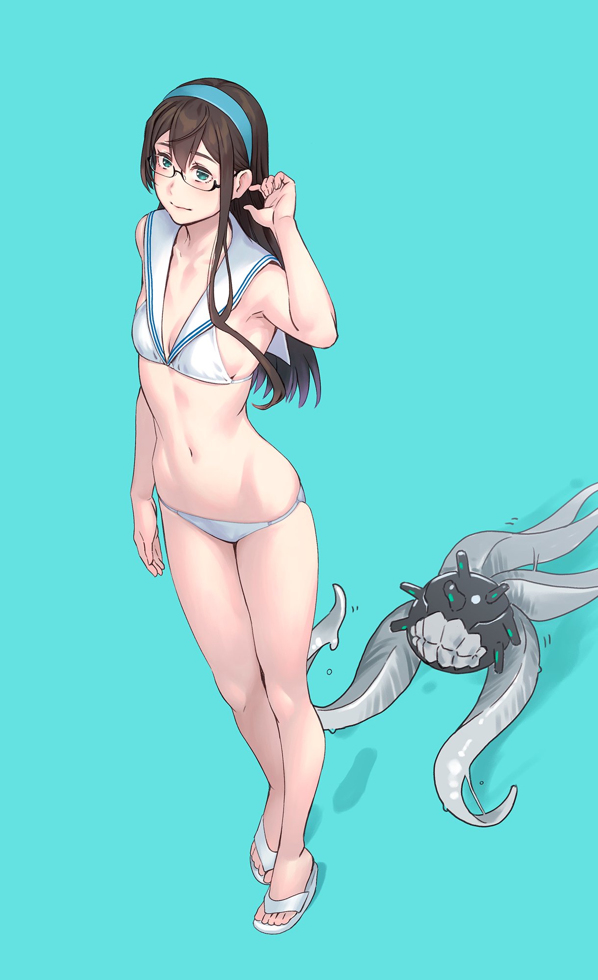 1girl 1other arm_up bare_arms bare_legs bare_shoulders bikini black_hair breasts commentary_request cosplay enemy_naval_mine_(kancolle) glasses green_eyes highres kantai_collection lowleg lowleg_bikini sailor_bikini sailor_collar side-tie_bikini skindentation small_breasts swimsuit tentacles white_bikini yuuji_(and) z3_max_schultz_(kancolle) z3_max_schultz_(kancolle)_(cosplay)