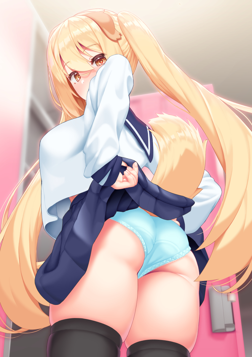 1girl animal_ears ass black_legwear blonde_hair blue_skirt breasts clothes_lift commentary_request cowboy_shot dog_ears dog_girl dog_tail eyebrows_visible_through_hair highres indoors large_breasts long_hair long_sleeves looking_at_viewer orange_eyes original panties school_uniform serafuku shirt_overhang skirt skirt_lift solo tachimi_(basue) tail thighhighs twintails underwear very_long_hair