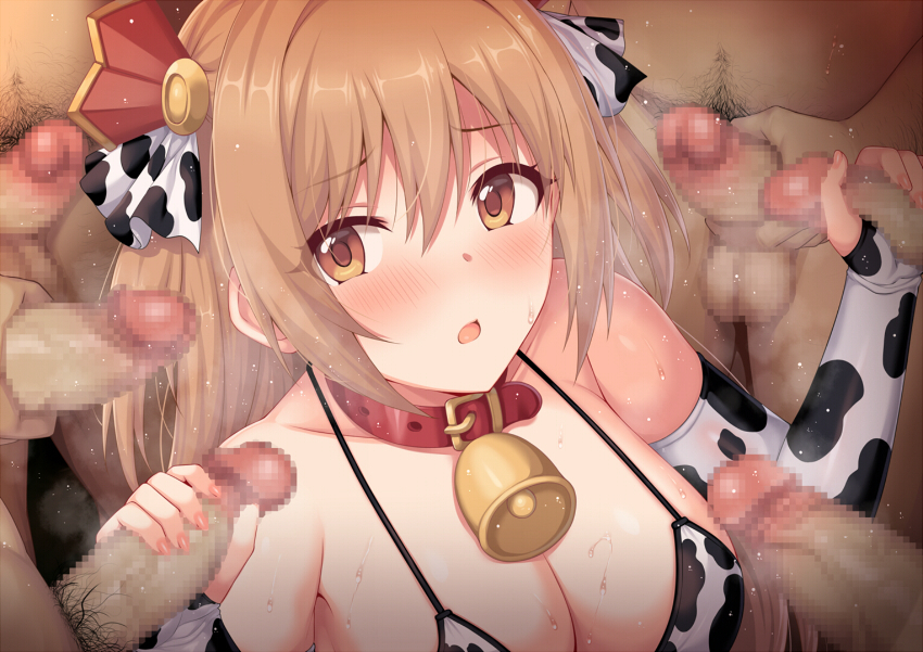 1girl animal_print bangs bare_shoulders bell bikini blush breasts bridal_gauntlets brown_eyes brown_hair cleavage collar collarbone cow_print detached_sleeves double_handjob erection handjob hetero horosuke large_breasts long_hair looking_at_viewer male_masturbation masturbation multiple_boys multiple_penises neck_bell nozomi_(princess_connect!) nude open_mouth penis princess_connect! sweat swimsuit testicles two_side_up white_bikini