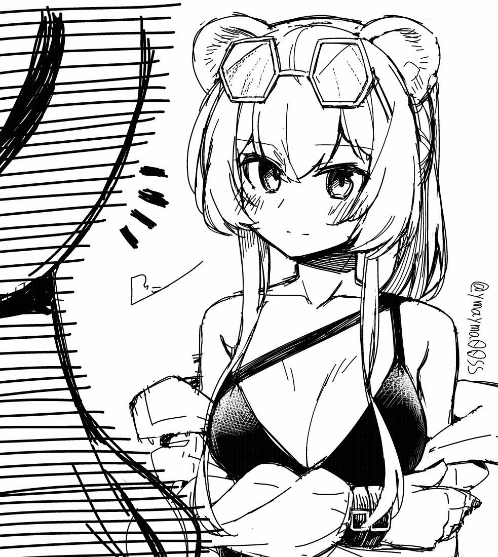 1girl animal_ears arknights arm_under_breasts bikini breast_rest breasts cleavage eyebrows_visible_through_hair eyewear_on_head greyscale hair_between_eyes jacket large_breasts lin_yuhsia_(arknights) long_hair monochrome mouse_ears off_shoulder open_clothes open_jacket sidelocks simple_background solo split_mouth sunglasses swimsuit twitter_username upper_body white_background yom_(ymayma00ss)