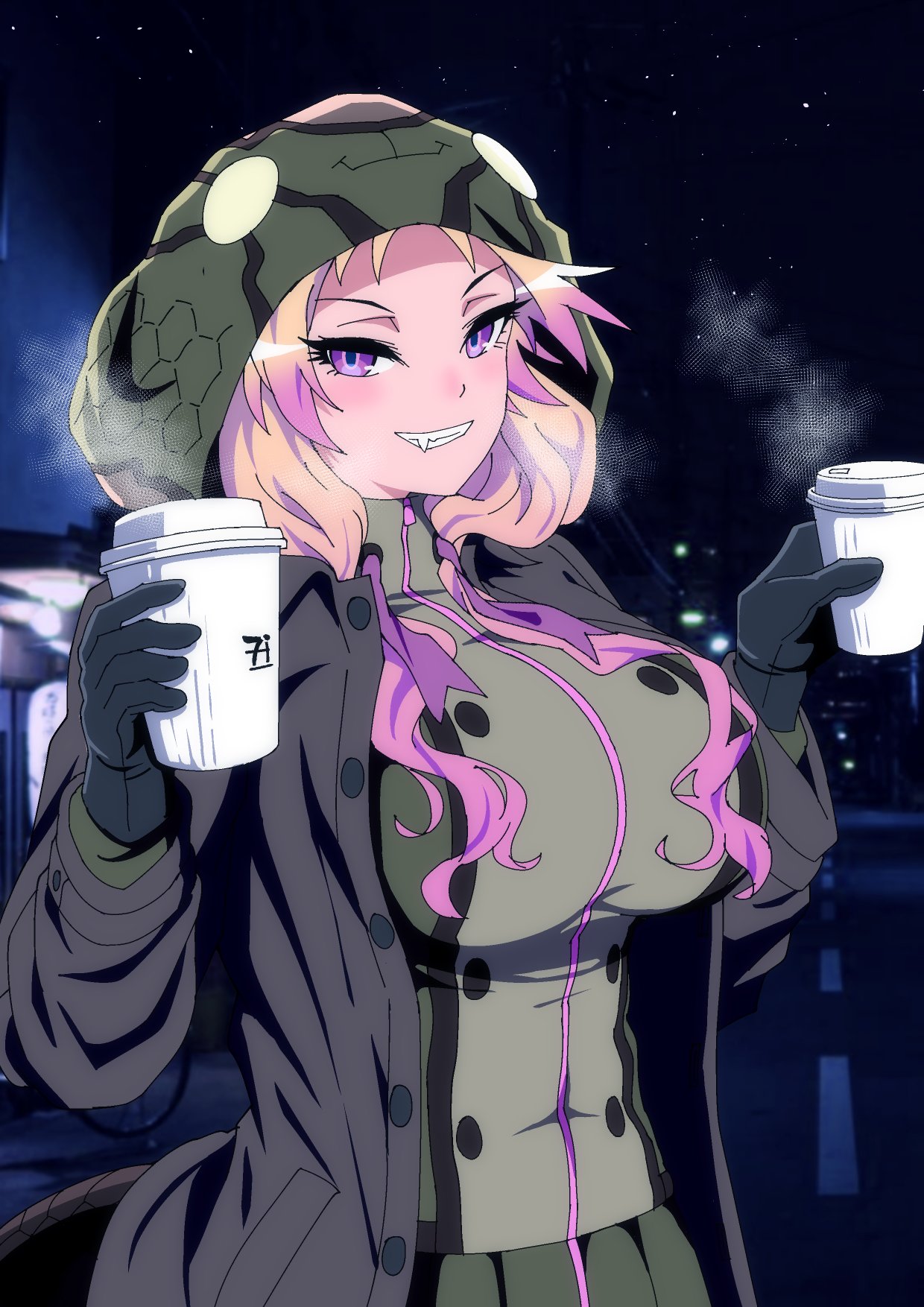 1girl african_rock_python_(kemono_friends) animal_print black_gloves black_panties blonde_hair boots breasts brown_legwear coffee_cup collared_jacket cup disposable_cup drawstring fang fang_out fangs forked_tongue furrowed_brow gloves green_jacket green_skirt grin high_collar highres hood hood_up hooded_jacket huge_breasts jacket kemono_friends light_blush long_hair lying mamiyama multicolored_hair on_side open_mouth panties pleated_skirt print_jacket purple_eyes purple_hair road skirt smile snake_print snake_tail solo steam tail tongue underwear
