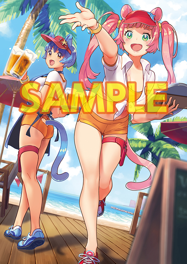 2girls alcohol animal_ears aqua_eyes ass bangs beach beer beer_mug blue_footwear blue_hair blue_sky blurry blurry_foreground blush bracelet breasts chair character_request cleavage cloud cloudy_sky collared_shirt copyright_request cup day depth_of_field drink dutch_angle fangs green_eyes hamashima_shigeo holding holding_cup holding_tray horizon jewelry kneepits long_hair mug multiple_girls navel ocean open_mouth orange_eyes orange_shorts outdoors outstretched_arm palm_tree palms pink_hair railing reaching_out sample_watermark shirt shoes shore short_shorts shorts sky smile sneakers spilling standing tail thigh_strap tied_shirt tray tree twintails umbrella visor_cap waitress watermark waving