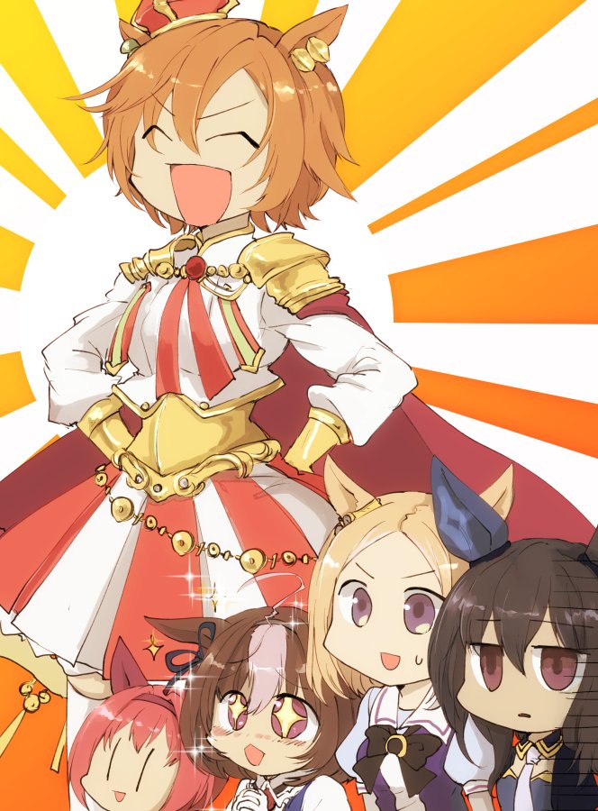 +_+ 5girls ^_^ admire_vega_(umamusume) animal_ears armor bangs blonde_hair brown_hair chibi closed_eyes corset crown gloom_(expression) haru_urara_(umamusume) horse_ears jitome kobuta_(morino_kakuri) laughing meisho_doto_(umamusume) multiple_girls narita_top_road_(umamusume) open_mouth orange_hair own_hands_together pink_hair purple_eyes red_eyes sailor_collar school_uniform shirt shoulder_armor skirt sparkle sunburst sweat t.m._opera_o_(umamusume) tracen_school_uniform two-tone_skirt umamusume v-shaped_eyebrows white_shirt |_|