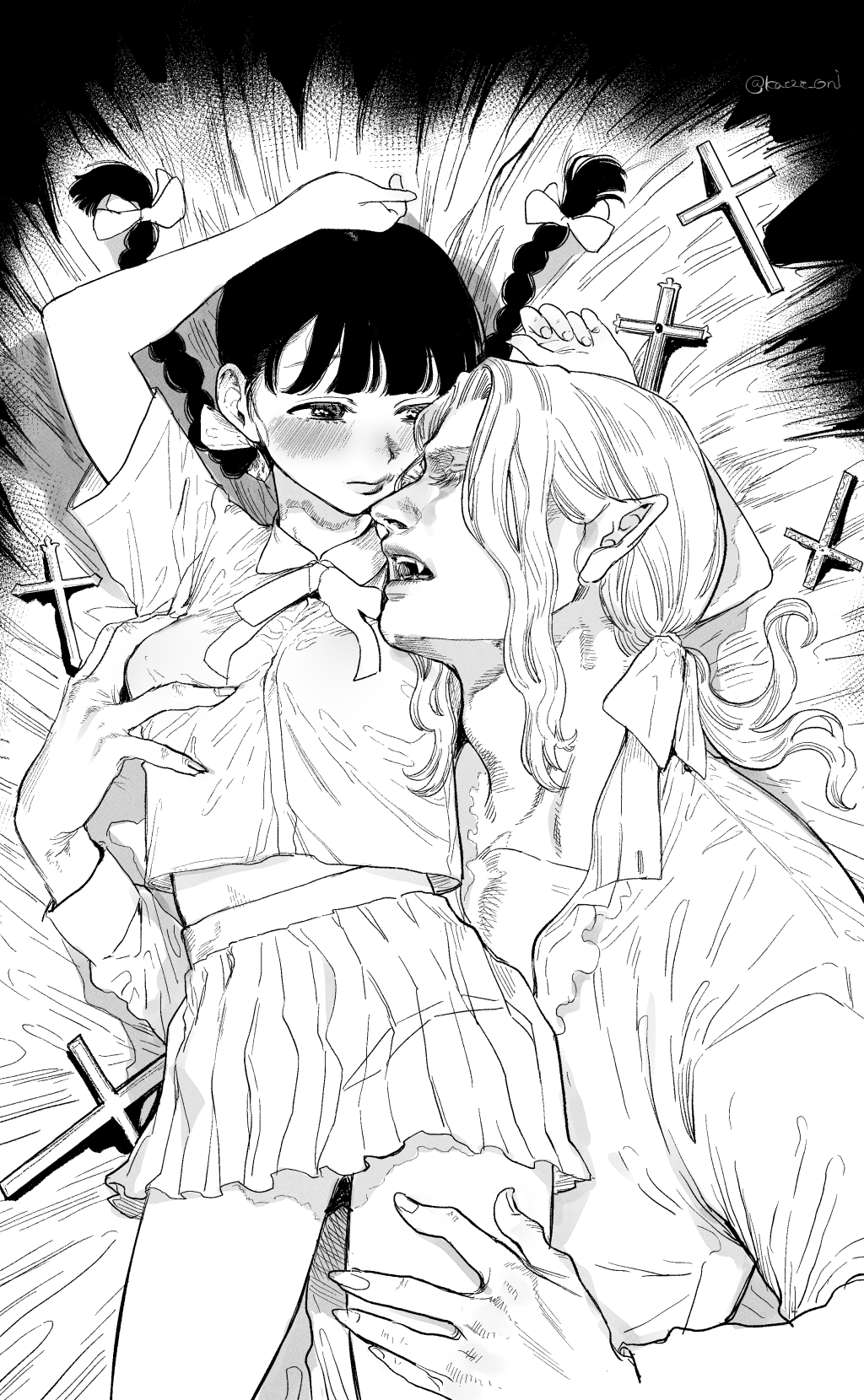 1boy 1girl age_difference blush braid breast_grab breasts closed_eyes collared_shirt cross dracula fangs fingernails grabbing hand_on_another's_thigh hetero highres long_hair looking_at_another lying monochrome neck_ribbon open_collar open_mouth original pleated_skirt pointy_ears ribbon sharp_fingernails shirt short_sleeves skirt small_breasts syuntyu_katze twin_braids twitter_username vampire