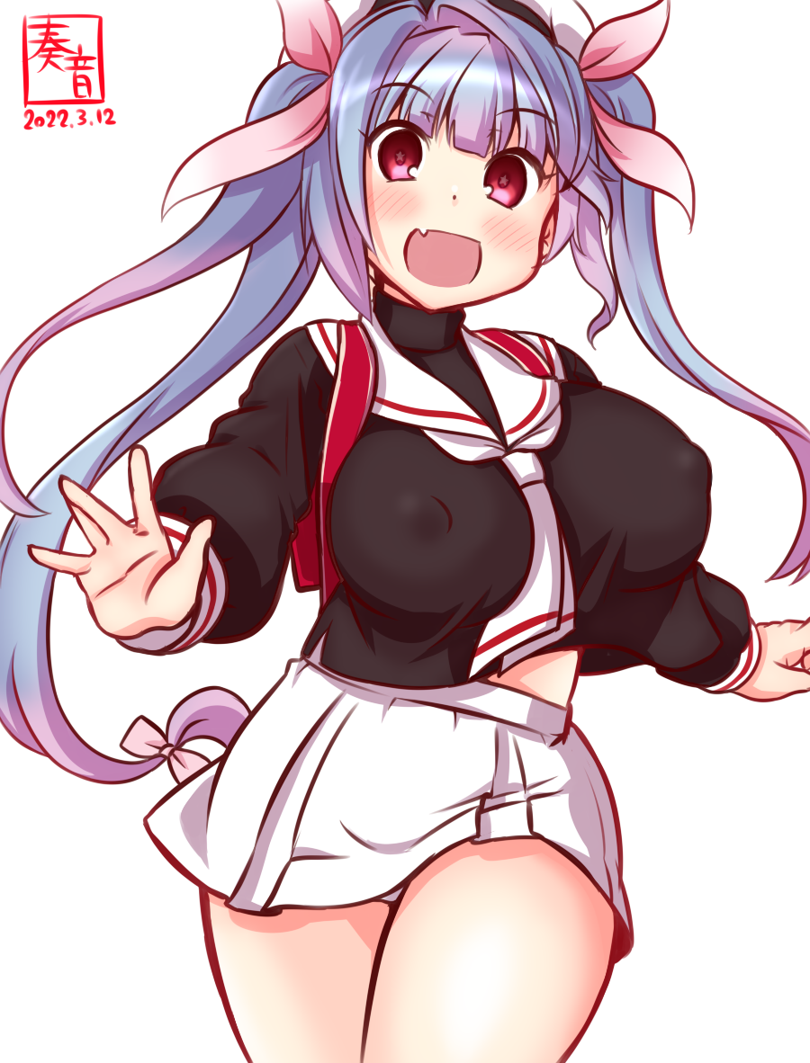 1girl artist_logo backpack bag black_blouse blouse blue_hair breasts cosplay covered_nipples cowboy_shot dated flower-shaped_pupils hair_ribbon i-19_(kancolle) kanon_(kurogane_knights) kantai_collection kinomoto_sakura kinomoto_sakura_(cosplay) large_breasts long_hair long_sleeves neckerchief one-hour_drawing_challenge open_mouth randoseru red_eyes ribbon sailor_collar school_uniform simple_background skirt solo symbol-shaped_pupils tomoeda_elementary_school_uniform tri_tails white_background white_neckerchief white_sailor_collar white_skirt