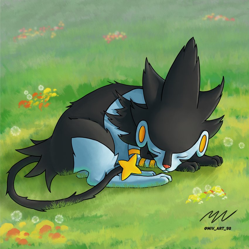 ambiguous_gender feral flower grass luxray lying miv_art_98 nintendo on_front on_side plant pok&eacute;mon pok&eacute;mon_(species) simple_background sleeping solo solo_focus video_games