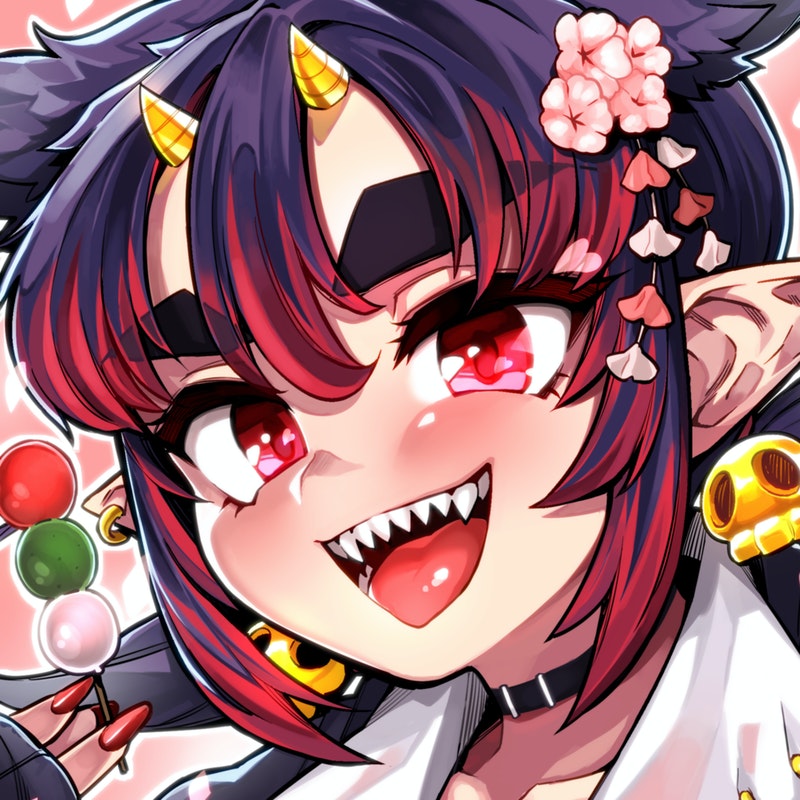 bangs blue_hair blush character_request choker close-up commentary_request copyright_request earrings eyebrows_visible_through_hair flower food fukumaaya hair_between_eyes hair_flower hair_ornament heart holding holding_food horns jewelry looking_at_viewer medium_hair multicolored_hair open_mouth outline pink_background pointy_ears red_eyes red_hair red_nails sharp_teeth sidelocks solo teeth thick_eyebrows tongue two-tone_hair white_outline