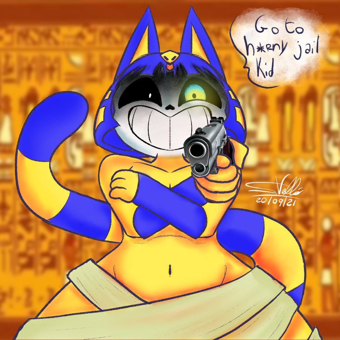 2021 animal_crossing ankha_(animal_crossing) ankha_zone bone covering covering_breasts crossed_arms detailed_background domestic_cat egyptian felid feline felis glowing glowing_eyes grin gun humor looking_at_viewer mammal markings navel nintendo nude ranged_weapon sans_(undertale) skull skullval-2000 smile striped_markings striped_tail stripes tail_markings undertale_(series) video_games weapon wide_hips wrappings