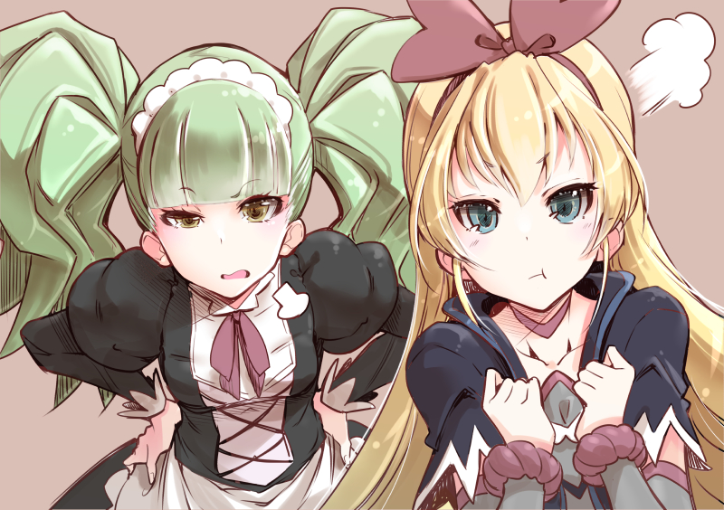 2girls annoyed apron biburi_(precure) black_dress black_jacket blonde_hair blue_eyes bow choker commentary_request dokidoki!_precure dress eyelashes green_eyes green_hair hair_bow hair_ornament hairband hamuhamu jacket kirakira_precure_a_la_mode long_hair looking_at_viewer maid maid_apron maid_headdress multiple_girls precure puffy_sleeves regina_(dokidoki!_precure) simple_background twintails wrist_cuffs