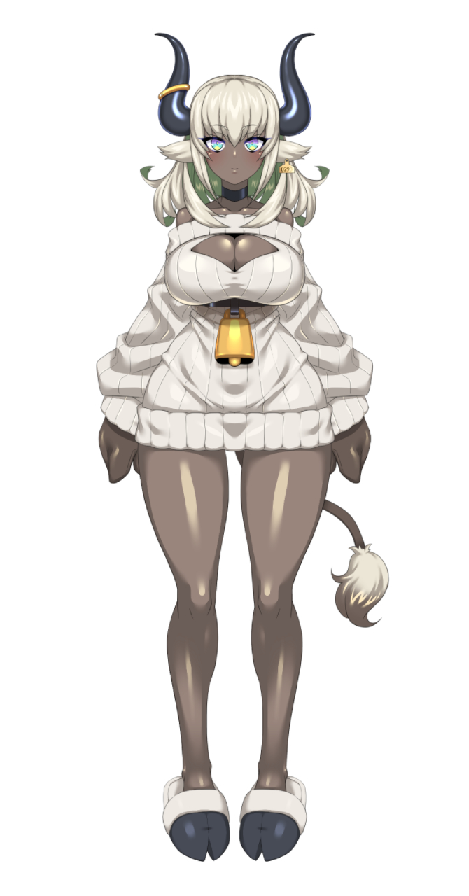 1girl animal_ears bare_legs bell blush breasts cleavage cleavage_cutout clothing_cutout cow_ears cow_girl cow_tail cowbell dark-skinned_female dark_skin dress gloves highres hoof_shoes horn_ornament horn_ring horns large_breasts medium_hair mimizu_(tokagex) multicolored_eyes off-shoulder_sweater off_shoulder original platinum_blonde_hair simple_background slippers solo sweater sweater_dress tachi-e tail underbust white_background white_sweater wide_hips