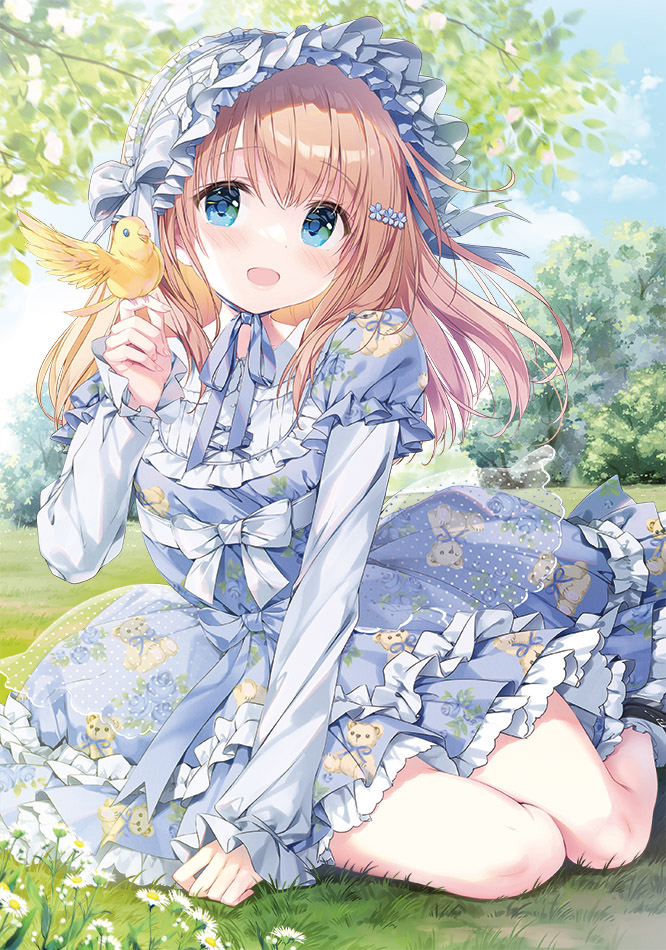 1girl :d animal_on_hand animal_print bangs bear_print bird blue_dress blue_eyes blush brown_hair commentary_request day dress eyebrows_visible_through_hair flower frilled_dress frilled_hairband frills hair_between_eyes hairband hand_up kimishima_ao layered_sleeves lolita_fashion lolita_hairband long_hair long_sleeves looking_at_viewer momoi_saki on_grass original outdoors print_dress puffy_short_sleeves puffy_sleeves shirt short_over_long_sleeves short_sleeves smile solo white_flower white_hairband white_shirt