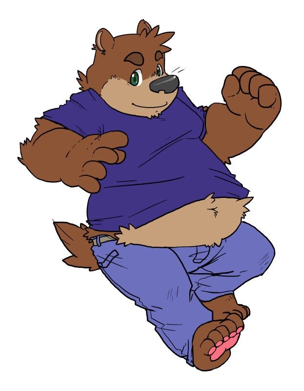 2014 anthro black_nose bottomwear brown_body brown_fur clothing fatyogi fur humanoid_hands male mammal overweight overweight_male pants shirt simple_background solo topwear ursid