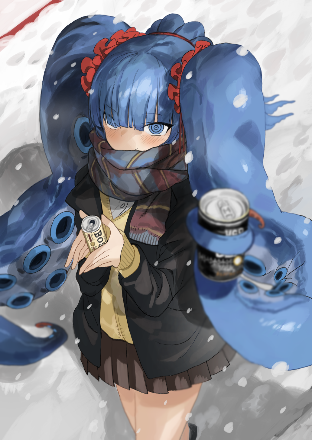 1girl @_@ bangs blue_eyes blue_hair blunt_bangs blush can cardigan eyebrows_visible_through_hair highres long_hair looking_at_viewer okbnkn original pleated_skirt scarf school_uniform skirt smile snowing solo tentacle_hair twintails very_long_hair