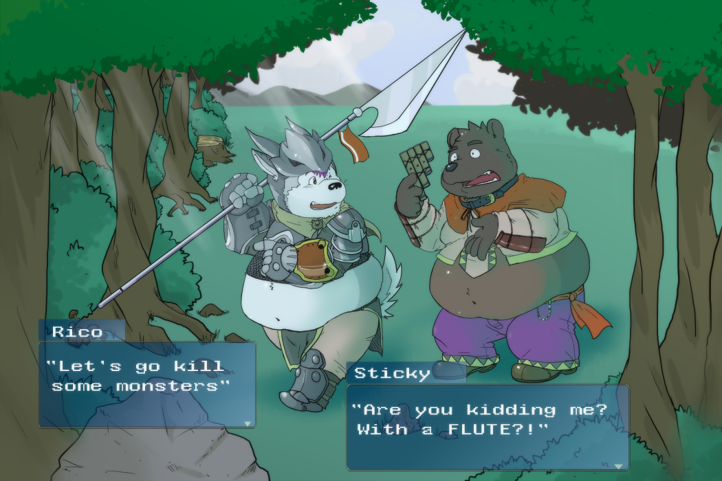 2012 anthro armor belly black_nose bottomwear canid canine canis clothing duo english_text fatyogi grey_body humanoid_hands male mammal outside overweight overweight_male pants plant text tree ursid weapon wolf