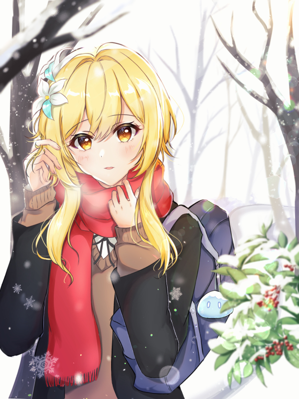 1girl adjusting_scarf bag bag_charm bare_tree black_jacket blazer blonde_hair blush breath cardigan charm_(object) cocoa_11vv eyebrows_visible_through_hair fireflies flower genshin_impact hair_between_eyes hair_flower hair_ornament jacket long_sleeves looking_at_viewer lumine_(genshin_impact) open_clothes open_jacket outdoors parted_lips playing_with_own_hair red_scarf scarf school_bag school_uniform short_hair_with_long_locks slime_(genshin_impact) snow snowflakes snowing solo tree upper_body white_flower winter yellow_eyes