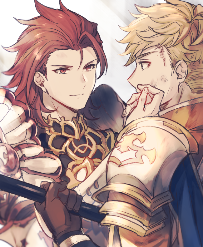 2boys armor bangs blonde_hair brown_gloves closed_mouth dirty dirty_face gloves granblue_fantasy green_eyes hand_on_another's_face holding holding_weapon looking_at_another male_focus multiple_boys ono_(0_no) pauldrons percival_(granblue_fantasy) red_armor red_eyes red_hair short_hair shoulder_armor smile upper_body vane_(granblue_fantasy) weapon