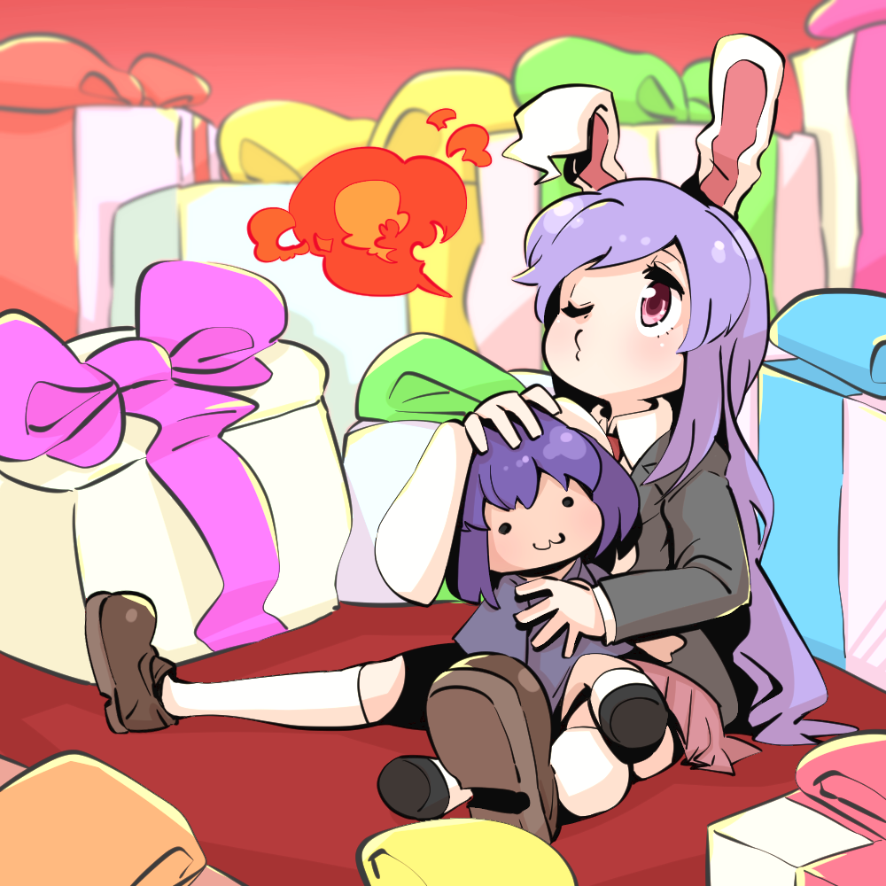 2girls :3 animal_ears bangs black_jacket blazer blush breathing_fire brown_footwear commentary_request cookie_(touhou) fake_hisui_(cookie) fire floppy_ears full_body gift gram_9 hisui_(cookie) jacket light_purple_hair long_hair multiple_girls o3o pink_eyes pink_skirt purple_hair rabbit_ears red_background reisen_udongein_inaba shoes short_hair sitting skirt socks solid_circle_eyes touhou white_legwear