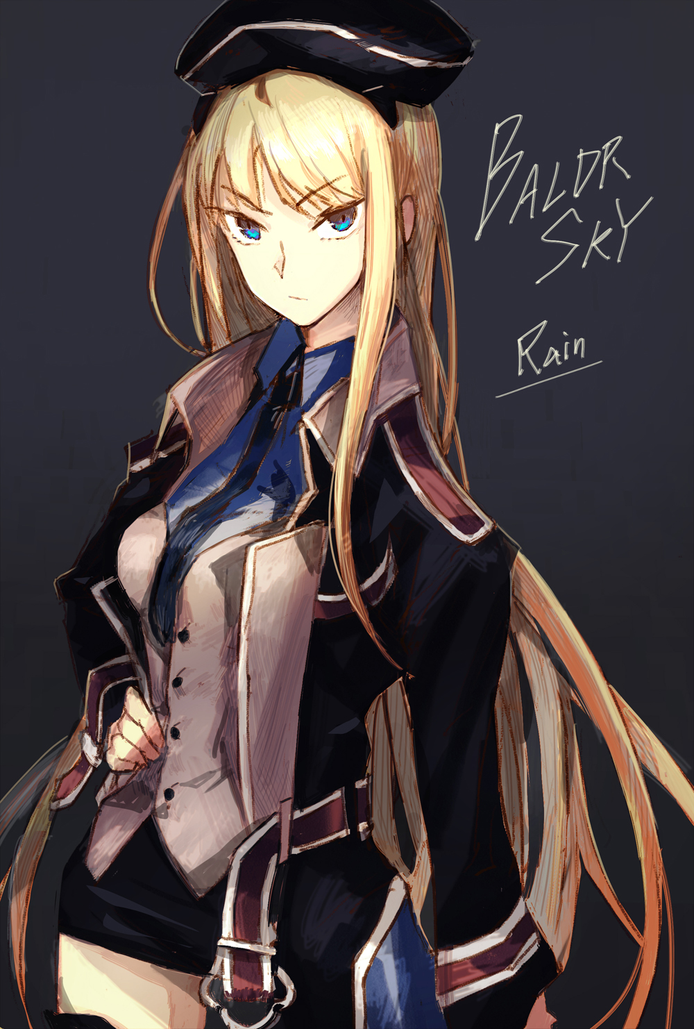 1girl baldr_sky bangs black_background black_jacket black_skirt blue_eyes blue_necktie blue_shirt breasts brown_vest collared_shirt copyright_name eyebrows_visible_through_hair hand_on_hip highres jacket jinichi kirishima_rain long_hair medium_breasts necktie shirt skirt smile solo v-shaped_eyebrows very_long_hair vest