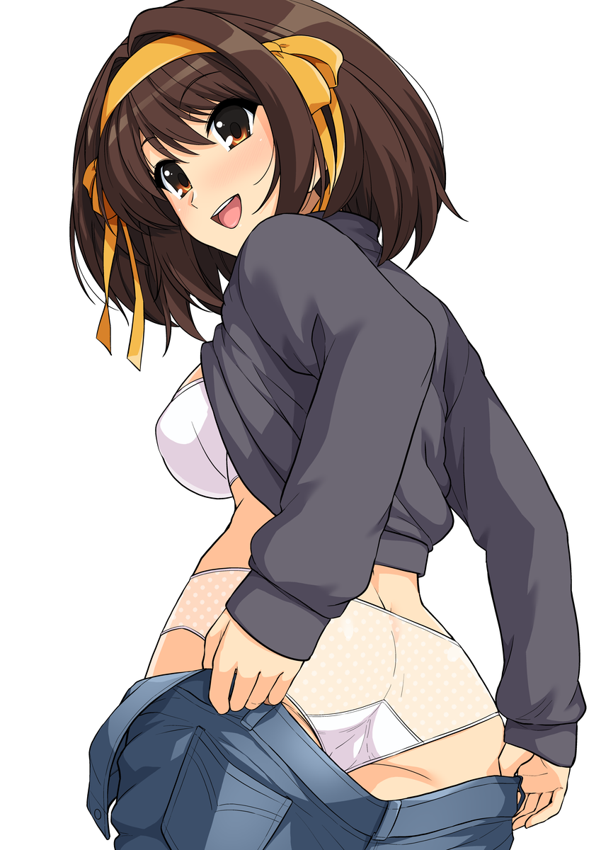 1girl ass bangs blue_pants blush bob_cut bow bra breasts brown_eyes brown_hair commentary_request covered_nipples cowboy_shot denim eyebrows_visible_through_hair from_behind grey_sweater hair_between_eyes hair_bow hair_ornament hairband haruhisky highres jeans long_hair long_sleeves looking_ahead looking_back medium_breasts medium_hair open_mouth orange_bow orange_hairband panties pants polka_dot polka_dot_panties round_teeth see-through_panties simple_background sleeves_past_wrists smile solo standing suzumiya_haruhi suzumiya_haruhi_no_yuuutsu sweater teeth turtleneck underwear undressing upper_teeth white_background white_bra white_panties