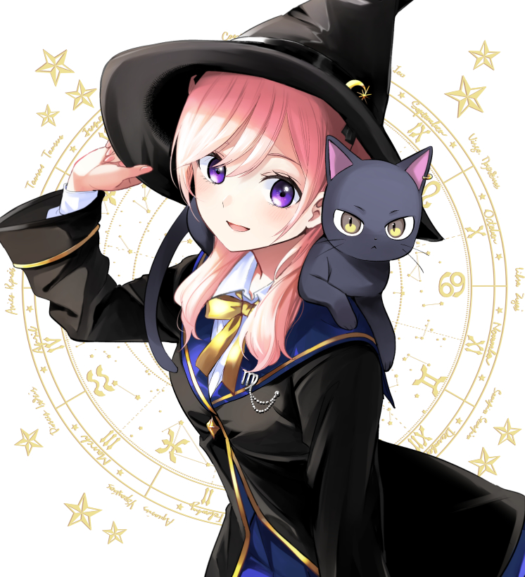 1girl animal_on_shoulder aquarius bangs black_cat black_headwear black_jacket blue_skirt bow brown_eyes cancer cat collared_shirt commentary_request crescent crescent_hat_ornament eyebrows_behind_hair gemini hair_between_eyes hand_on_headwear hand_up hat hat_ornament jacket natsupa original pink_hair pisces purple_eyes shirt simple_background skirt solo starry_background virgo white_background white_shirt witch witch_hat yellow_bow