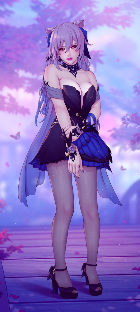 1girl bare_shoulders blurry blurry_background breasts cleavage detached_collar dress earrings full_body genshin_impact hair_cones high_heels jewelry keqing_(genshin_impact) large_breasts long_hair pantyhose purple_dress purple_eyes purple_hair solo soranamae standing strapless strapless_dress wrist_cuffs