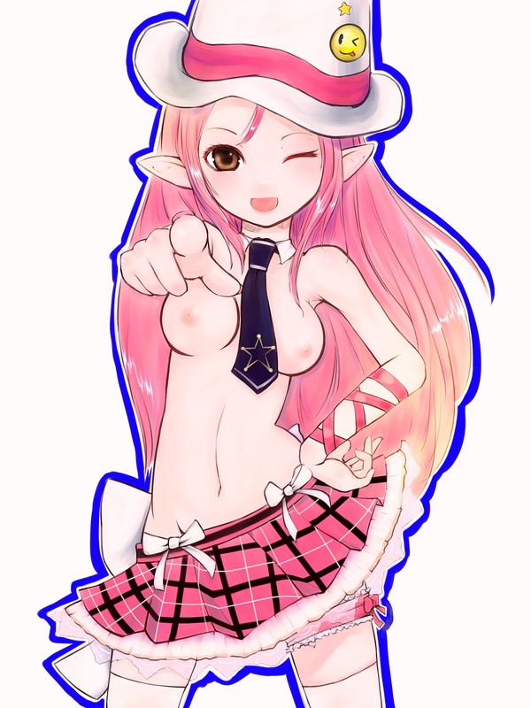 bb blush breasts brown_eyes hat lucia necktie pangya pink_hair pointing pointy_ears smile wink yummy_yoi
