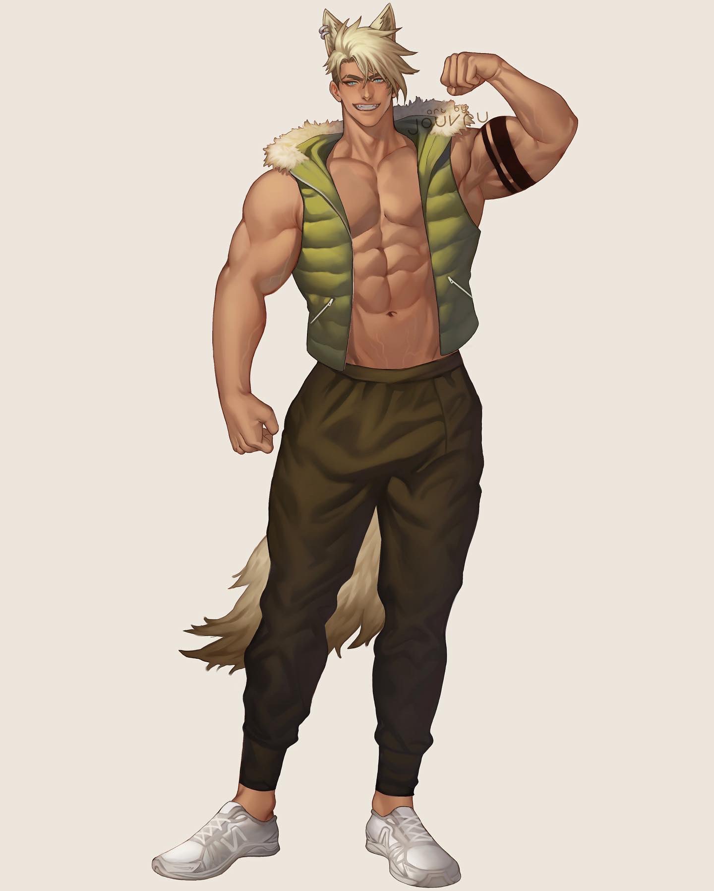 1boy abs animal_ears artist_name bara biceps blue_eyes ear_piercing earrings flexing fox_ears fox_tail highres jacket jewelry jouvru large_pectorals looking_at_viewer male_focus muscular muscular_male navel original pants pectoral_cleavage pectorals piercing pose shoes smile solo tail tattoo thick_arms veins