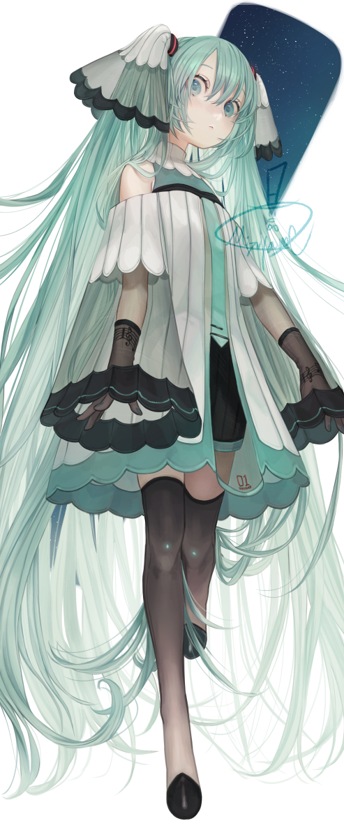 1girl adapted_costume aqua_eyes aqua_hair aqua_nails aqua_necktie arms_at_sides bare_shoulders black_footwear black_gloves black_legwear closed_mouth dress eyelashes fingernails flat_chest full_body gloves hatsune_miku high_collar highres knees_together_feet_apart long_hair looking_at_viewer mizutame_tori musical_note musical_note_print necktie off-shoulder_dress off_shoulder pleated_dress see-through_legwear see-through_sleeves sheer_gloves shoes sideways_glance simple_background solo staff_(music) standing standing_on_one_leg straight_hair tareme thighhighs treble_clef twintails very_long_hair vocaloid white_background wide-eyed wide_sleeves zettai_ryouiki