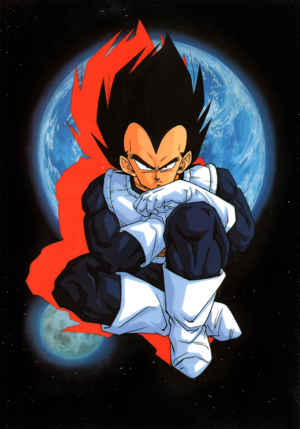 1990s_(style) 1boy armor black_eyes black_hair boots dragon_ball dragon_ball_z drop_shadow full_body gloves highres knee_up looking_at_viewer male_focus non-web_source official_art planet retro_artstyle saiyan saiyan_armor serious sitting solo space vegeta white_footwear white_gloves widow's_peak