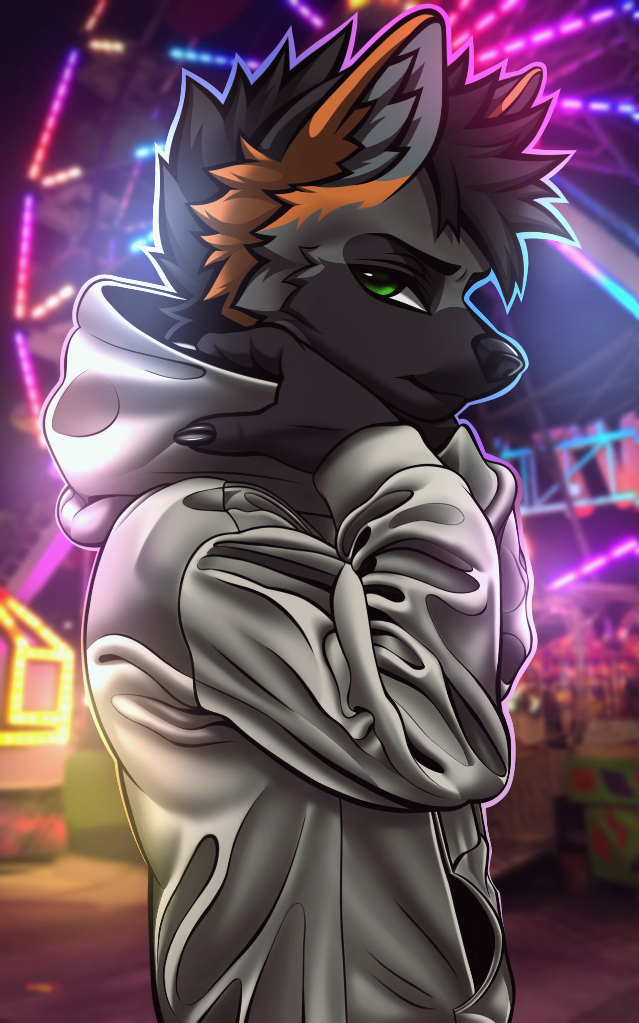 ambiguous_gender amusement_park anthro canid canine clothing cross_fox eddy_fox_crossfox fox green_eyes hi_res hoodie italo_dober looking_at_viewer mammal red_fox solo solo_focus topwear