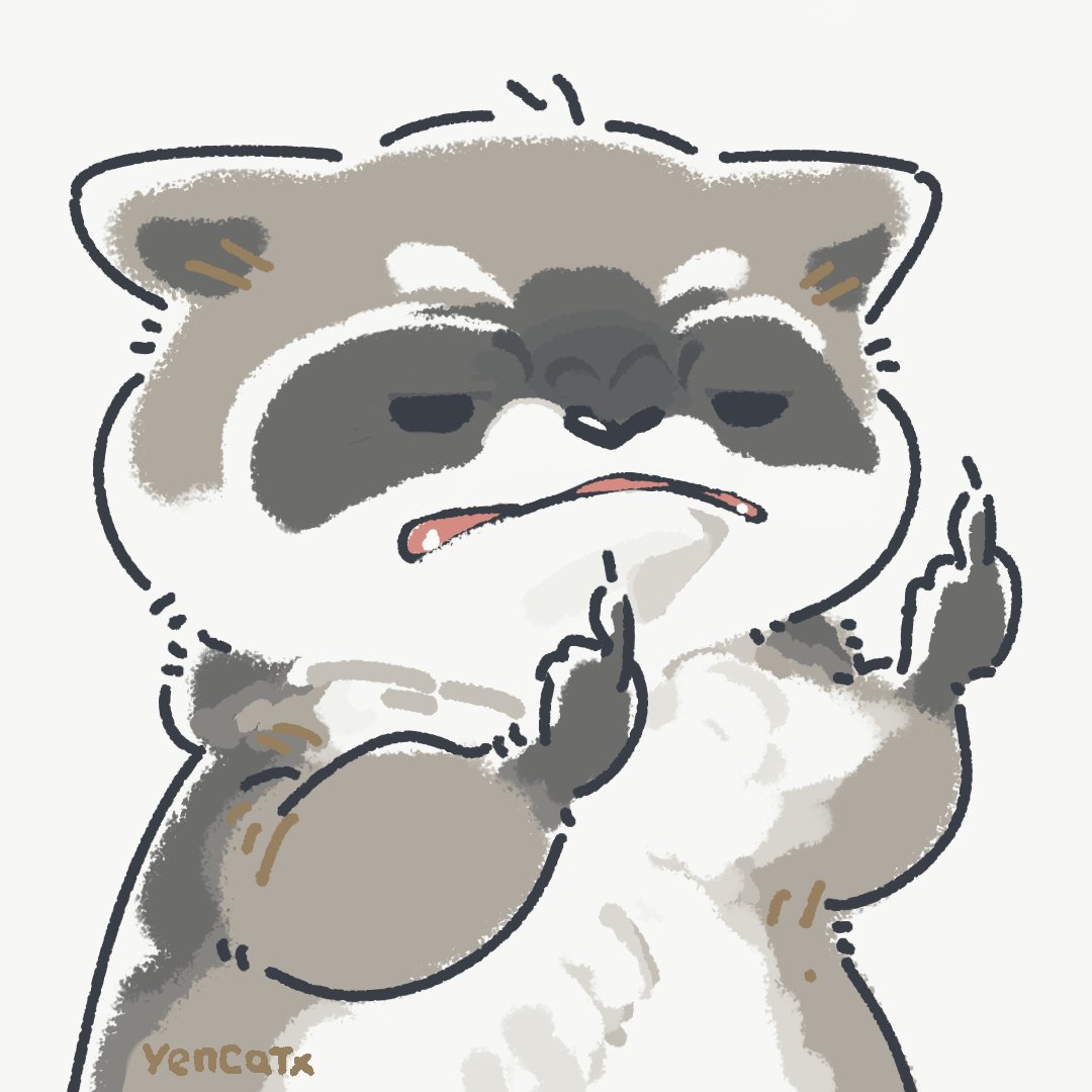 2022 black_eyes black_nose chibi dot_eyes feral gesture grey_body mammal middle_finger procyonid raccoon simple_background solo white_body yencatx