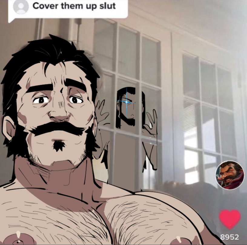 2boys bara black_eyes black_hair chest_hair cover_them_up_slut_(meme) facial_hair glowing glowing_eye graves_(league_of_legends) heart large_pectorals league_of_legends male_focus meme multiple_boys muscular muscular_male mustache nipples pectorals rybiok sideburns thick_eyebrows tiktok twisted_fate