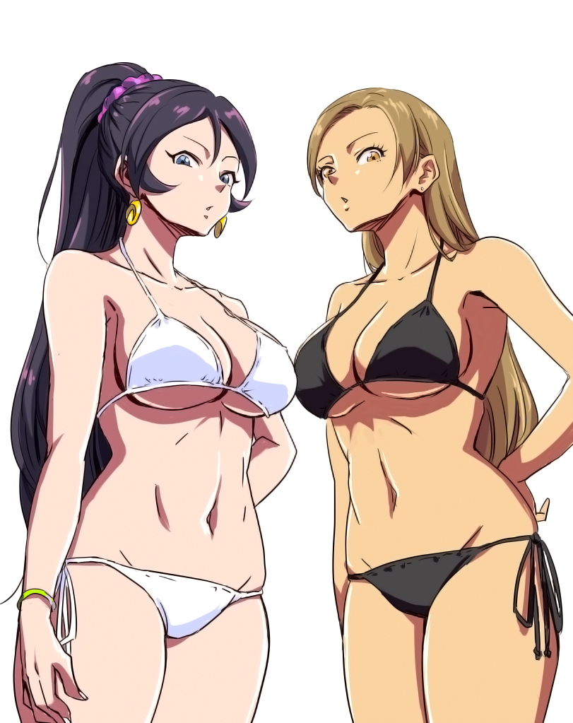 2girls anbj bare_shoulders bikini black_bikini black_hair black_swimsuit blue_eyes breasts brown_eyes brown_hair cleavage collarbone commentary cowboy_shot earrings eyelashes forehead hair_between_eyes hand_on_hip high_ponytail idolmaster idolmaster_cinderella_girls jewelry large_breasts looking_at_viewer looking_down matsunaga_ryou multiple_girls navel shiny shiny_hair side-tie_bikini simple_background sugisaka_umi swimsuit v-shaped_eyebrows white_background white_bikini white_swimsuit wristband