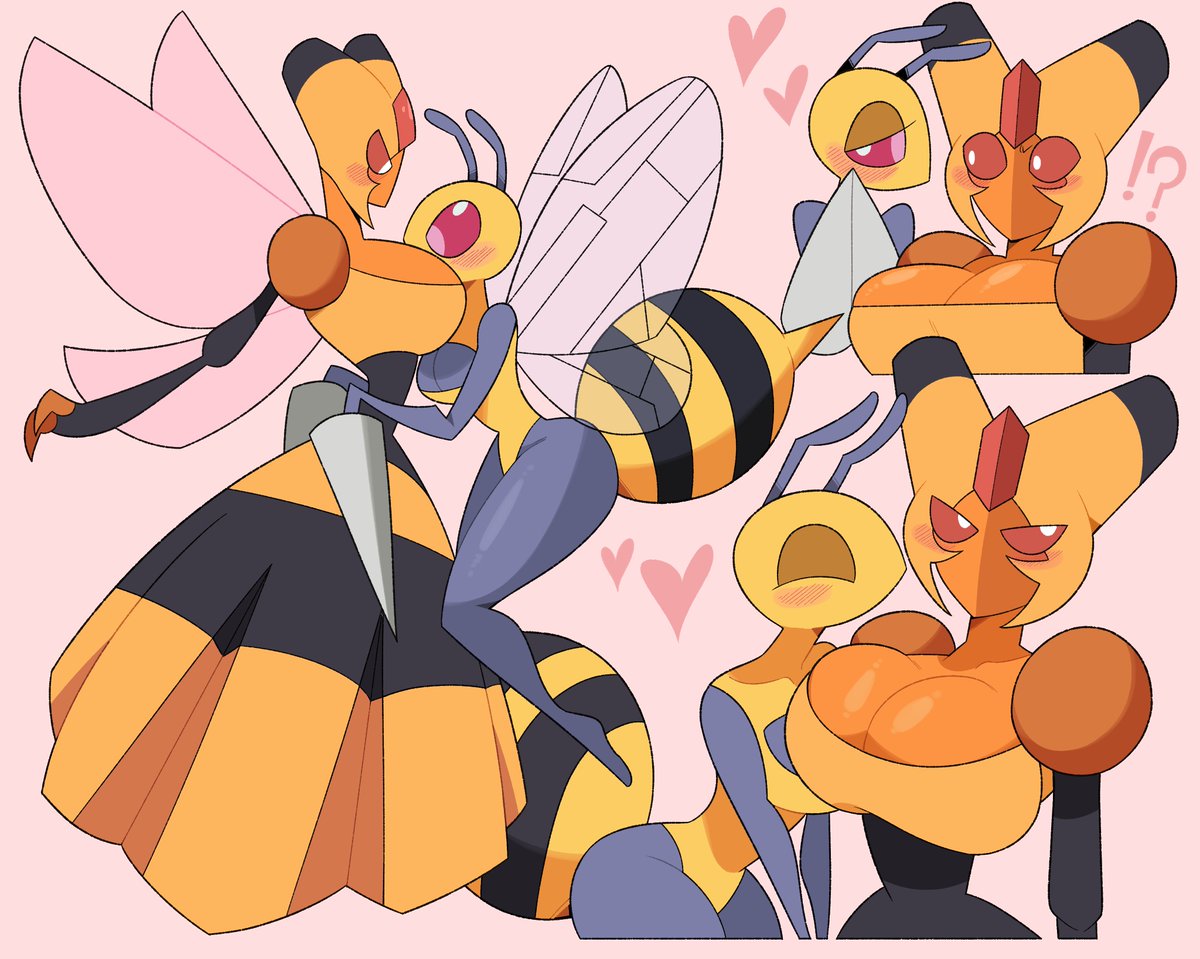 &lt;3 2022 ?! antennae_(anatomy) anthro anthrofied arthropod arthropod_abdomen beedrill big_breasts black_body blush breasts cleavage_cutout clothing digital_media_(artwork) duo eyes_closed female female/female head_in_cleavage hymenopteran idolomantises insect insect_wings mouthless nintendo pok&eacute;mon pok&eacute;mon_(species) pok&eacute;morph pseudo_clothing red_eyes simple_background stinger stripes vespiquen video_games wings yellow_body