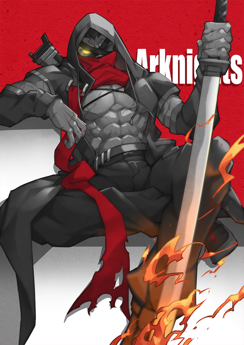 1boy arknights bara belt biceps boots character_request fire jacket male_focus manly mature_male muscular muscular_male one_eye_closed pants pectorals red_background scar scar_on_chest scar_on_stomach scarf sitting sokimi_(sosojovan) solo sword text_focus weapon yellow_eyes