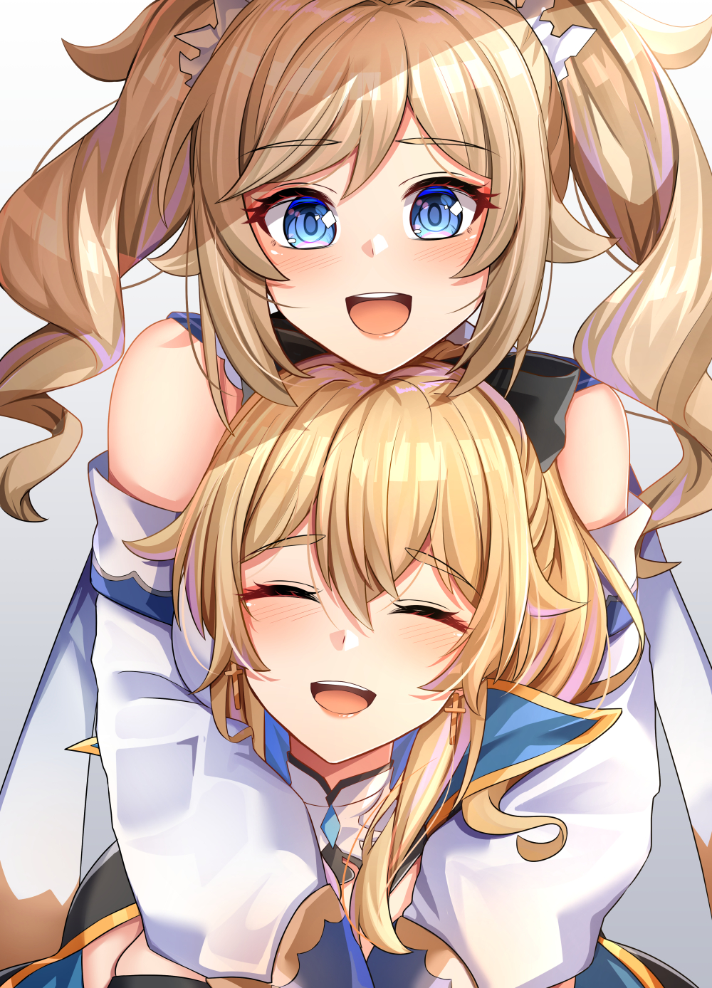 2girls :d ^_^ ^o^ barbara_(genshin_impact) bare_shoulders black_bow blonde_hair blue_eyes blush bow capelet closed_eyes cross cross_earrings dangle_earrings detached_sleeves dress drill_hair earrings eyebrows_visible_through_hair genshin_impact hair_between_eyes hair_bow hair_ribbon happy head_on_head head_rest highres hug hug_from_behind jean_(genshin_impact) jewelry long_hair long_sleeves looking_at_viewer multiple_girls open_mouth ponytail priestess ribbon siblings sisters smile teeth twin_drills twintails upper_body upper_teeth white_dress white_ribbon zeroyama