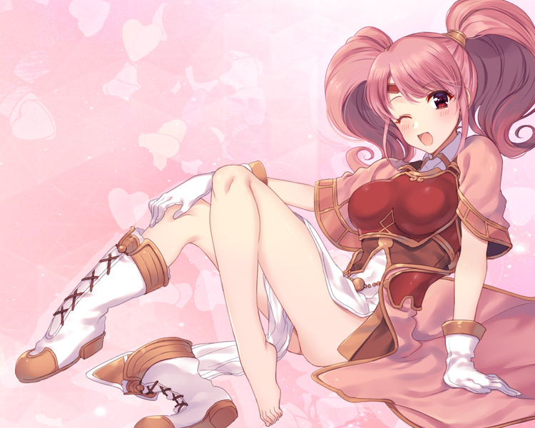 1girl ;d armor awayuki_ramika barefoot blush boots breastplate capelet fire_emblem fire_emblem_echoes:_shadows_of_valentia gloves long_hair mae_(fire_emblem) one_eye_closed open_mouth pink_background pink_capelet pink_hair red_eyes shiny shiny_hair sitting smile solo twintails white_footwear white_gloves