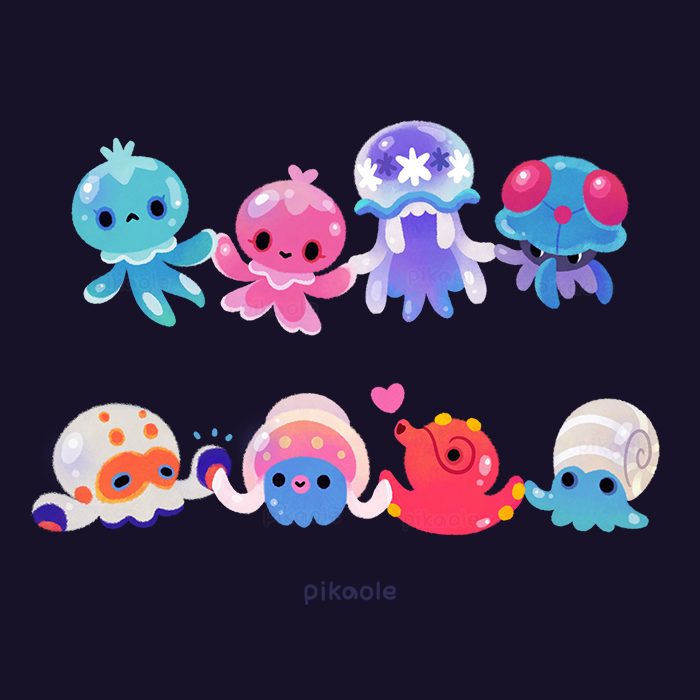 :&gt; :&lt; animal animal_focus artist_name black_eyes blue_background blue_eyes clobbopus closed_mouth commentary frillish frillish_(female) frillish_(male) frown heart holding_hands inkay looking_at_another looking_at_viewer nihilego no_humans octillery omanyte photoshop_(medium) pikaole pokemon red_eyes simple_background smile solid_circle_eyes tentacles tentacruel ultra_beast watermark