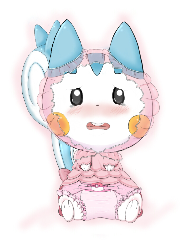 blush bodily_fluids bonnet clothed clothing diaper dress emonga female feral fully_clothed headgear headwear mammal nintendo pachirisu pink_clothing pink_diaper pink_dress pok&eacute;mon pok&eacute;mon_(species) rodent sciurid simple_background solo tears video_games white_background