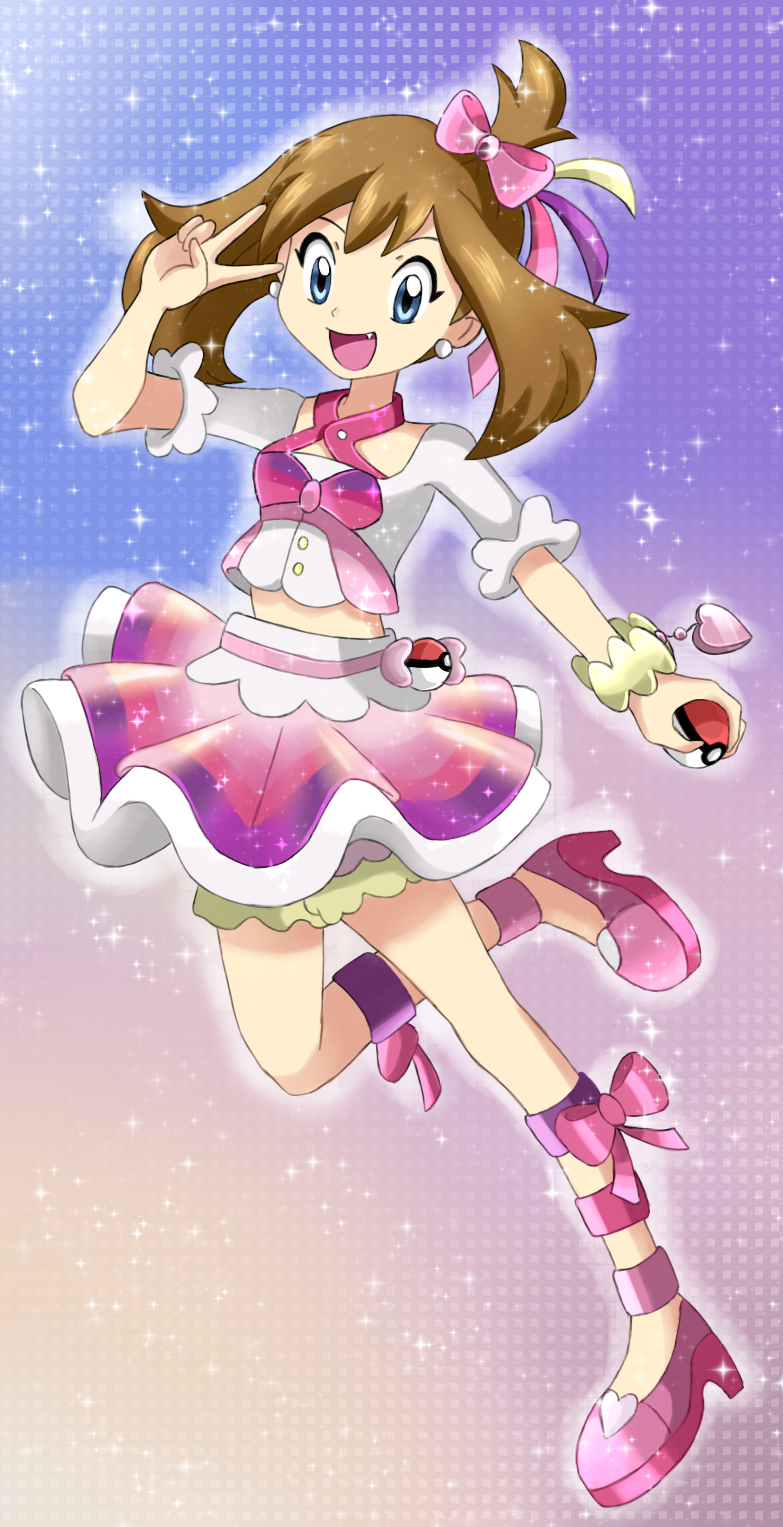 1girl :d bangs brown_hair buttons earrings eyelashes fang fangs full_body grey_eyes hair_ribbon hand_up happy high_heels highres holding holding_poke_ball jewelry leg_up looking_down may_(pokemon) medium_hair open_mouth pink_footwear pink_ribbon poke_ball poke_ball_(basic) pokemon pokemon_(game) pokemon_oras ribbon short_sleeves skirt smile solo spanish_commentary starrockie tongue v