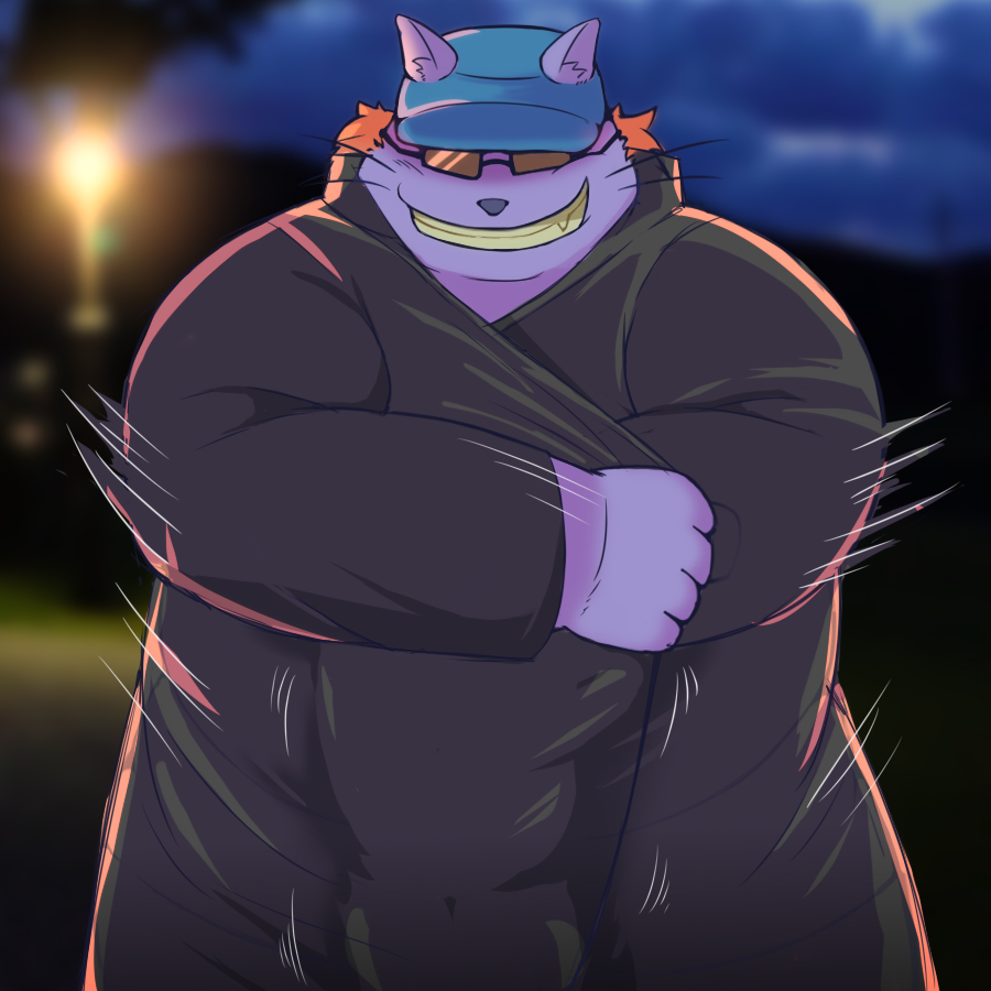 2022 anthro aqui biped blush clothing cyberconnect2 domestic_cat eyewear felid feline felis hat headgear headwear humanoid_hands kemono little_tail_bronx male mammal mamoru-kun_(series) night outside overweight overweight_male paqaaqap solo stranger_(mamoru-kun) sunglasses