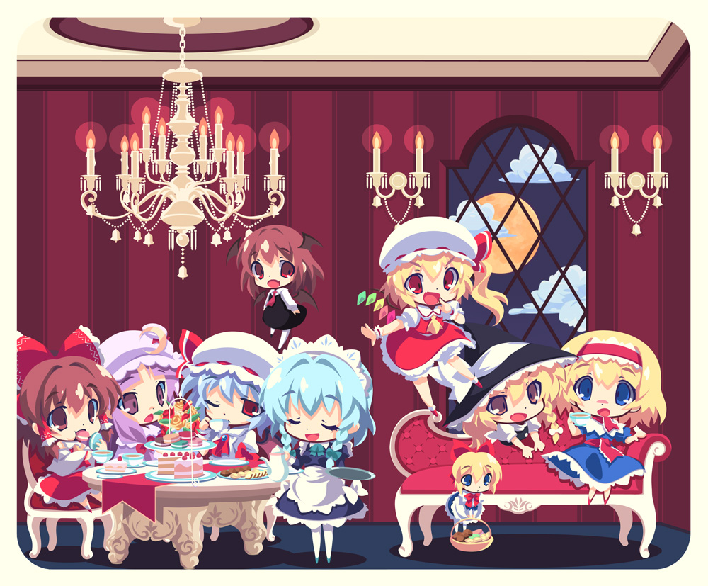 6+girls :d alice_margatroid apron ascot basket bat_wings black_dress black_headwear black_vest blonde_hair blue_dress blue_eyes blue_hair bow bowtie braid brooch brown_eyes brown_hair buttons cake cake_slice candle chair chandelier chestnut_mouth chibi closed_eyes cloud commentary cookie couch crescent crescent_hat_ornament crystal cup demon_wings detached_sleeves dress eating eyebrows_visible_through_hair fang finger_to_mouth fire flame flandre_scarlet flower food food_in_mouth frilled_bow frilled_hair_tubes frills full_moon green_bow green_neckerchief hair_between_eyes hair_tubes hairband hakurei_reimu hat hat_ornament hat_ribbon head_wings holding holding_basket holding_cup holding_food indoors izayoi_sakuya jewelry kirisame_marisa koakuma leaf long_hair long_sleeves looking_at_another lumine_(2339) macaron maid_apron maid_headdress medium_hair mob_cap moon multiple_girls neckerchief necktie on_chair one_eye_closed one_side_up patchouli_knowledge plate puffy_short_sleeves puffy_sleeves purple_dress purple_eyes purple_hair red_ascot red_bow red_bowtie red_eyes red_flower red_hair red_hairband red_necktie red_ribbon red_rose red_skirt red_vest remilia_scarlet ribbon rose saucer shanghai_doll shirt short_hair short_sleeves sidelocks silver_hair single_braid sitting skin_fang skirt skirt_set smile table teacup touhou twin_braids v-shaped_eyebrows vest white_apron white_bow white_headwear white_shirt wide_sleeves window wings witch_hat wrist_cuffs yellow_ascot yellow_flower yellow_rose