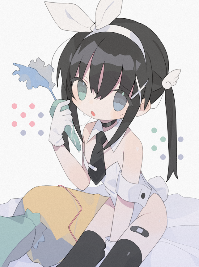 1girl :o aqua_eyes arm_cuffs arm_support bandaid bandaid_on_leg bare_arms bare_shoulders bed_sheet between_legs black_choker black_hair black_legwear black_necktie blue_eyes bow bow_hairband cable carrot carrot_pillow choker cowboy_shot daizu_(melon-lemon) detached_collar eyes_visible_through_hair fake_tail fang film_grain food food_bite from_above from_side furrowed_brow gloves gradient_eyes grey_background groin hair_between_eyes hair_bow hair_ornament hairband hand_between_legs hand_up head_tilt heterochromia holding holding_carrot holding_food holding_vegetable implied_vibrator leaf leotard long_hair looking_at_viewer looking_to_the_side looking_up multicolored_eyes muted_color necktie no_nose original parted_lips rabbit_tail saliva saliva_trail sidelocks sitting skin_fang solo straight_hair strapless strapless_leotard stuffed_carrot sweat symbol_in_eye tail thick_eyelashes thighhighs twintails vegetable white_bow white_gloves white_hairband white_leotard wing_collar wing_hair_ornament x_hair_ornament